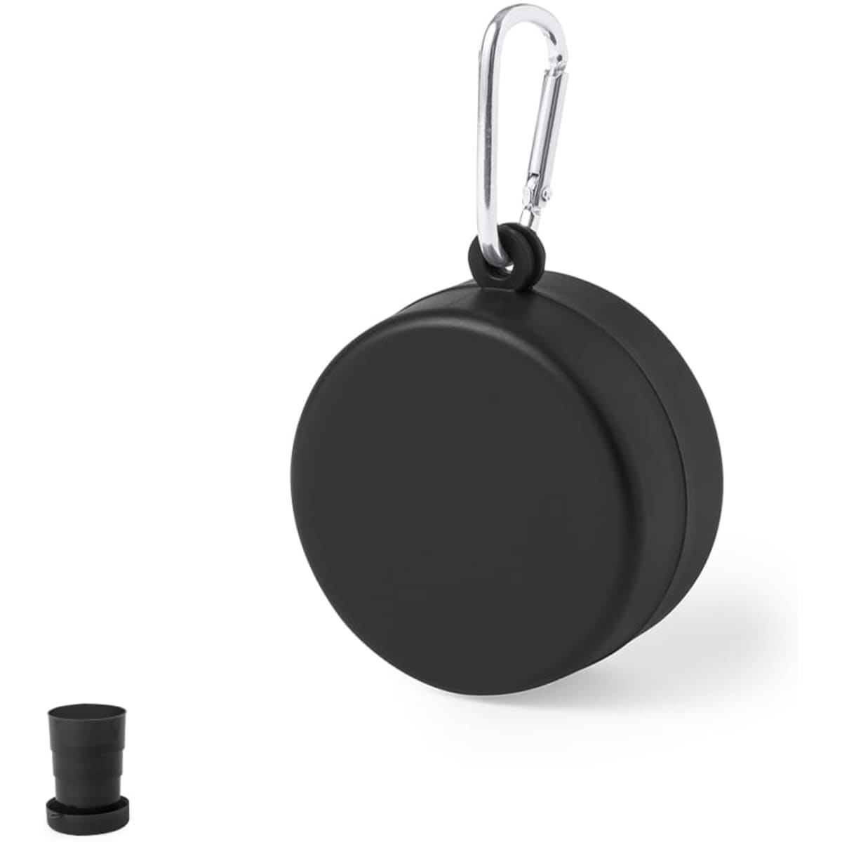 A foldable glass in black with a carabiner clip for easy attachment. Includes a circular, compact design.