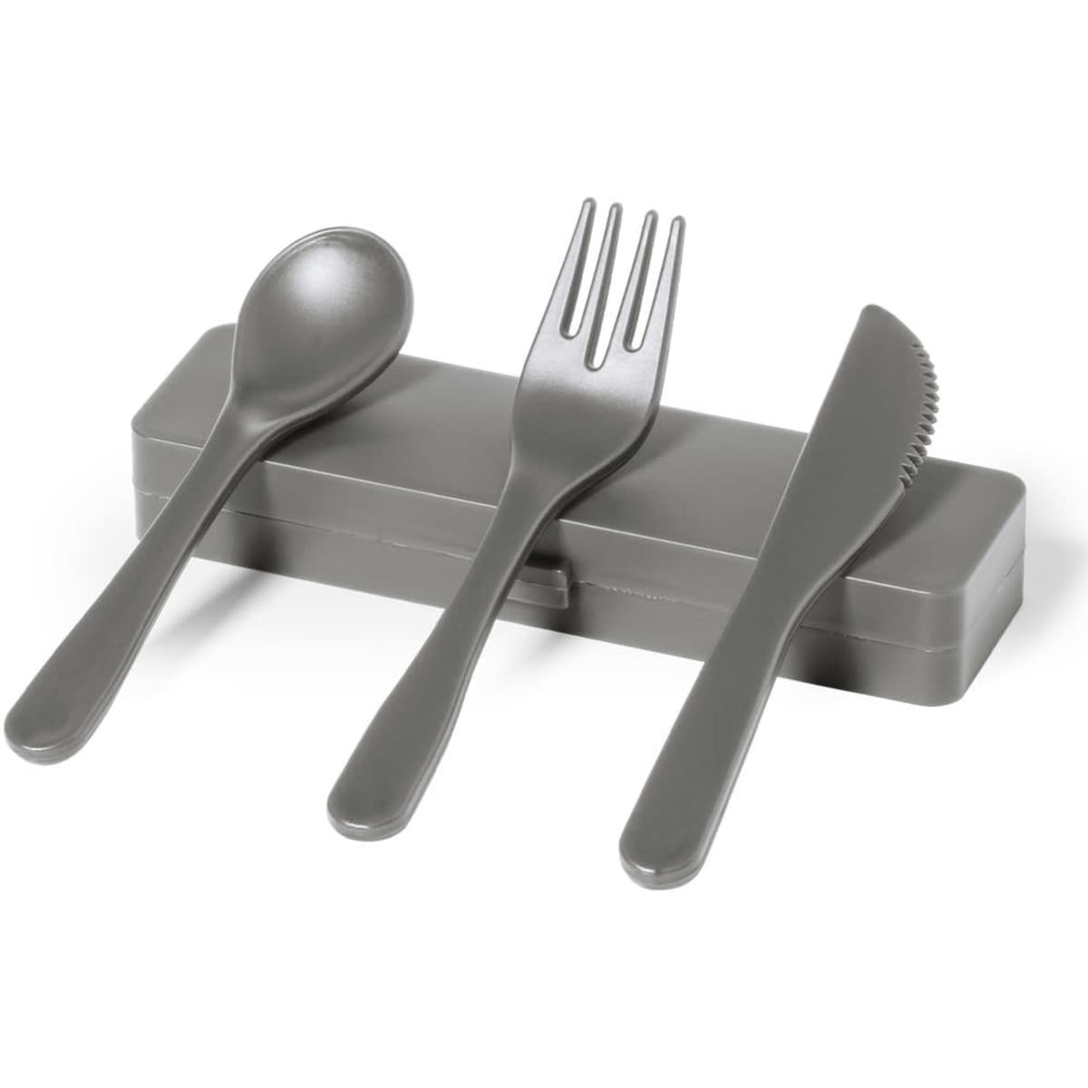 A grey cutlery set including a spoon, fork, knife, and a storage case. Includes a logo on the case.