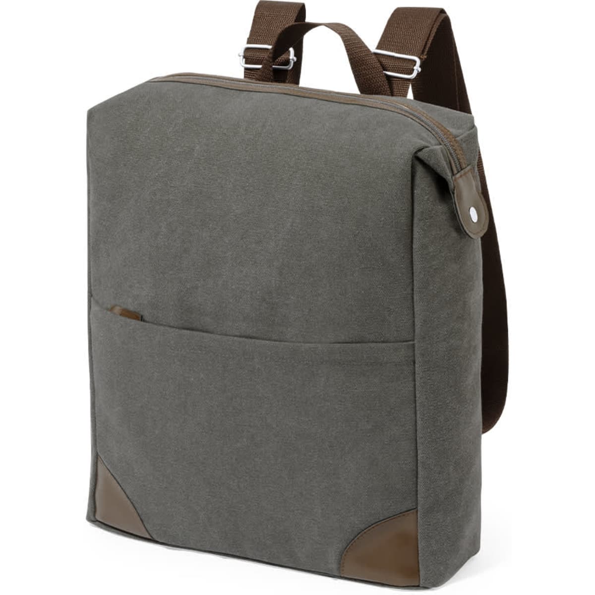 A grey backpack features brown accents and a front pocket, designed with a logo on the side.