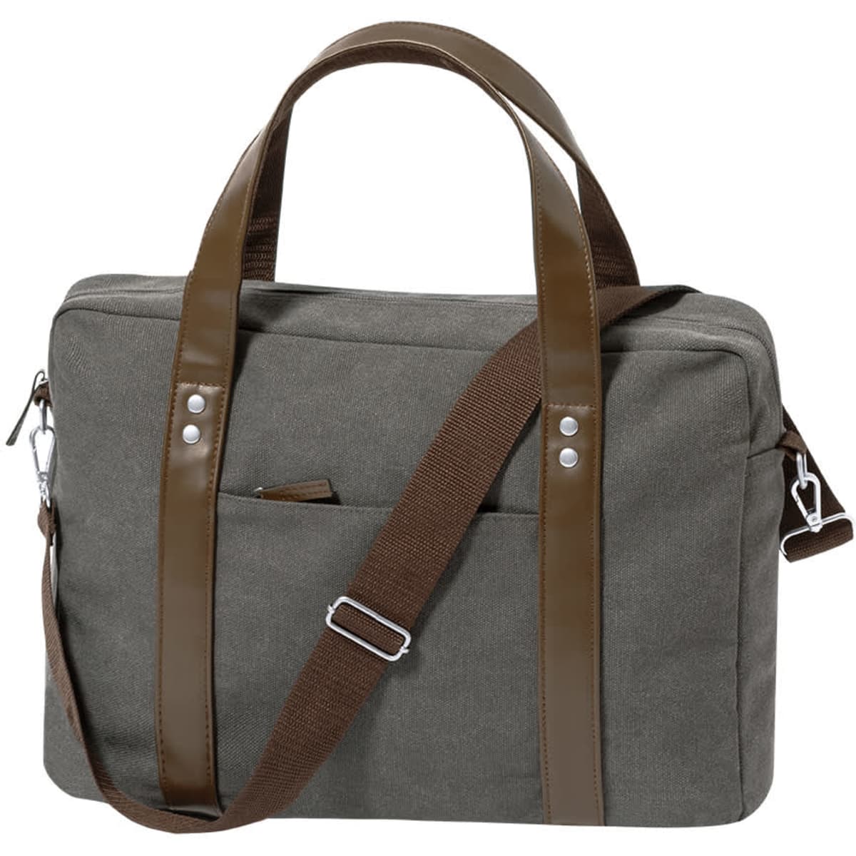 A grey laptop bag with brown handles and a removable shoulder strap, featuring front pockets and a logo.