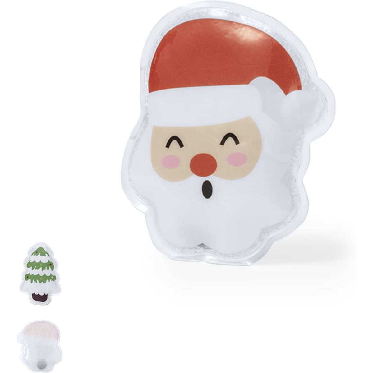 A Christmas-themed drink bottle featuring a smiling Santa Claus and two small icons of a tree and a snowman.