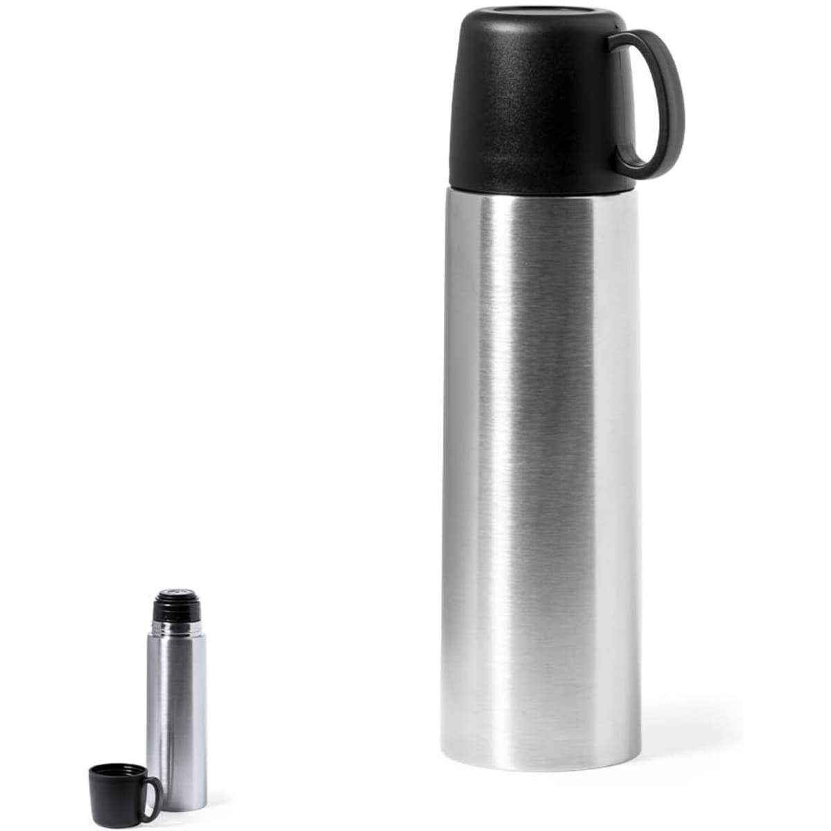 A drink bottle featuring a sleek silver stainless steel body and a black lid with a handle, accompanied by a matching cup.