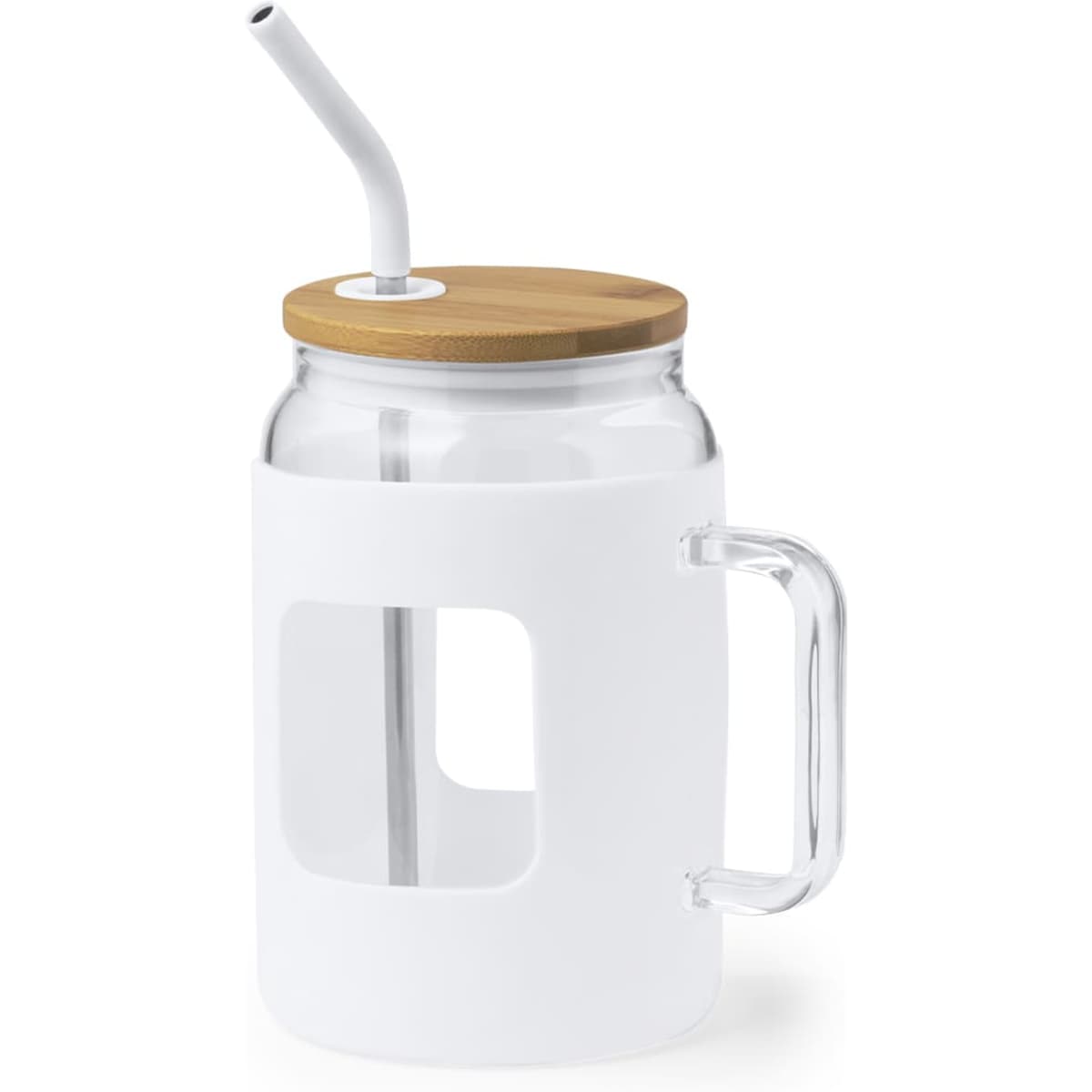 A drink bottle with a white body, bamboo lid, and a clear straw, featuring a handle and a window cut-out.