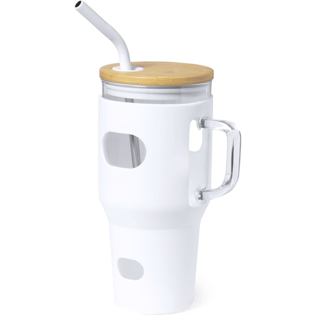 A white drink bottle with a bamboo lid and a clear handle, featuring a straw and openings for easy drinking.