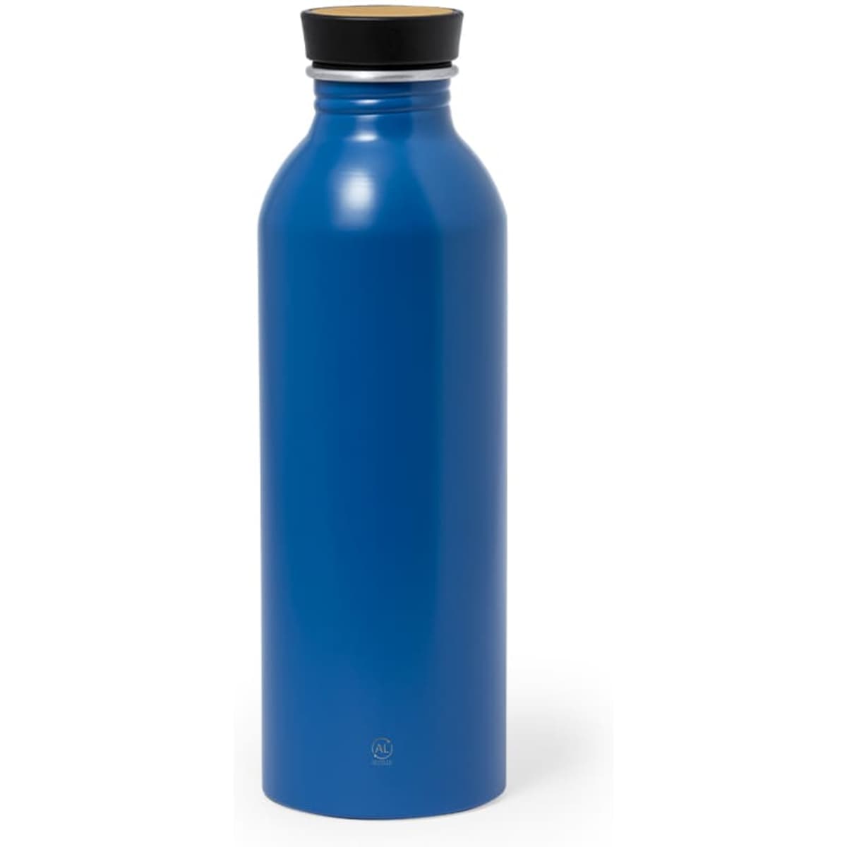 A drink bottle in a vibrant blue hue with a black cap and a sleek design, featuring a logo.