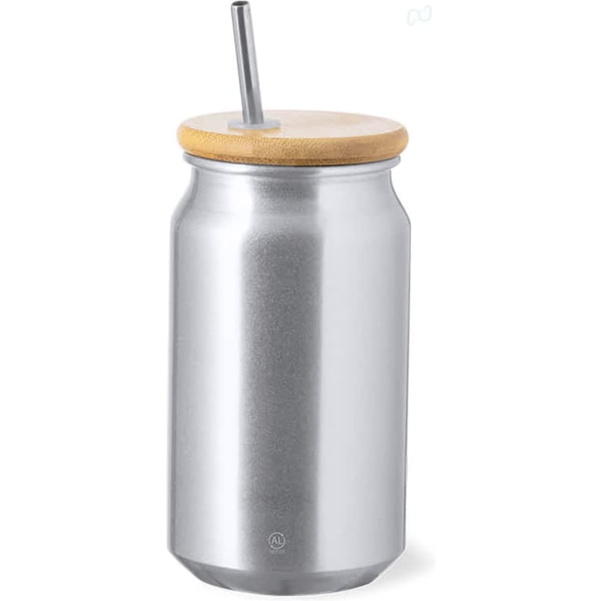 A drink bottle resembling a stainless steel can with a bamboo lid and a metal straw. It features a logo.