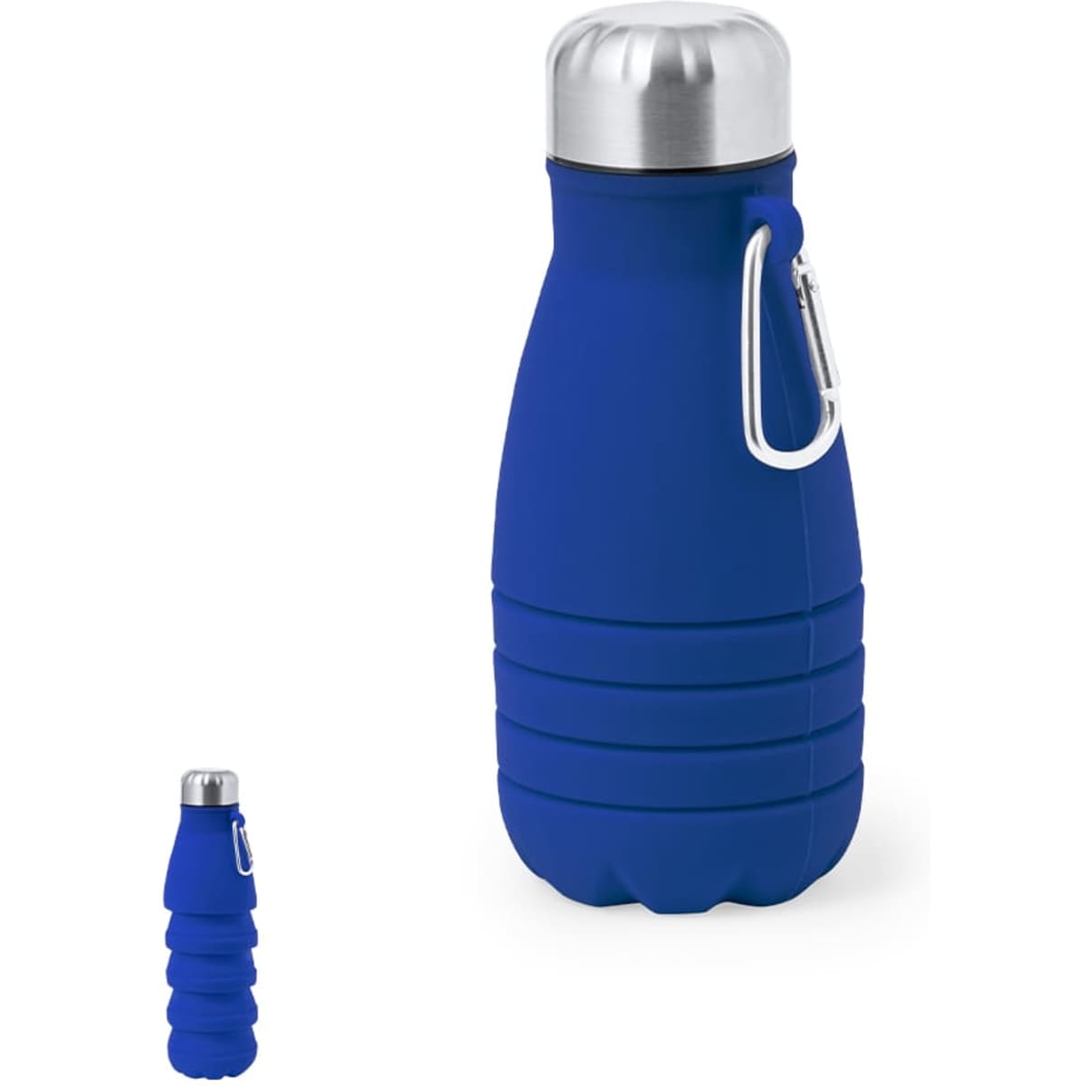 A blue foldable drink bottle with a stainless steel cap and a carabiner clip, featuring a logo.