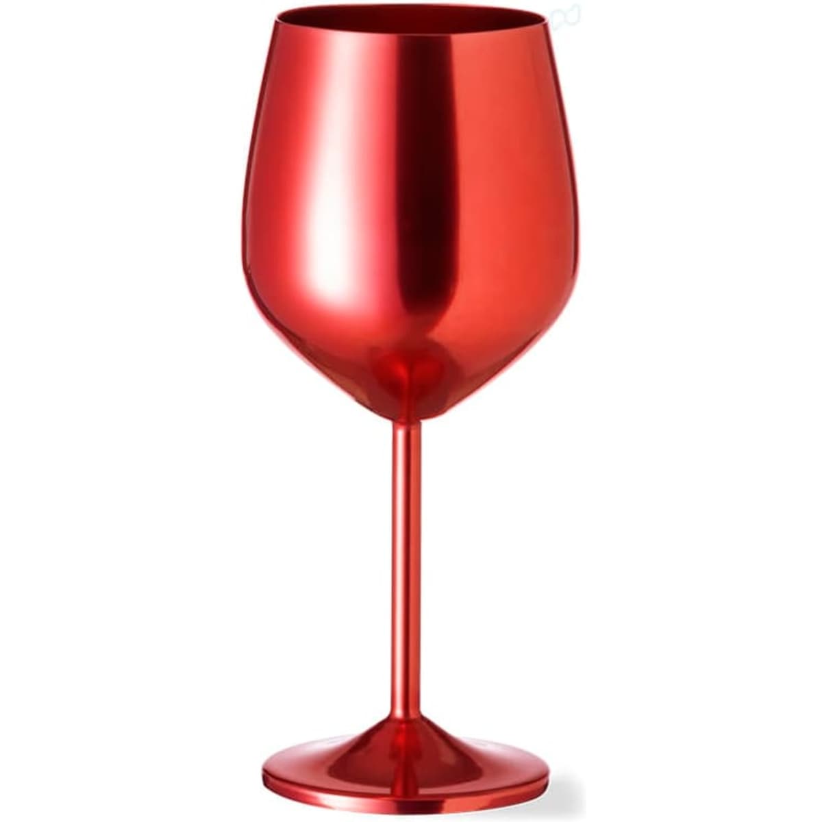 A drink bottle in the shape of a wine glass, featuring a glossy red finish and a slender stem.
