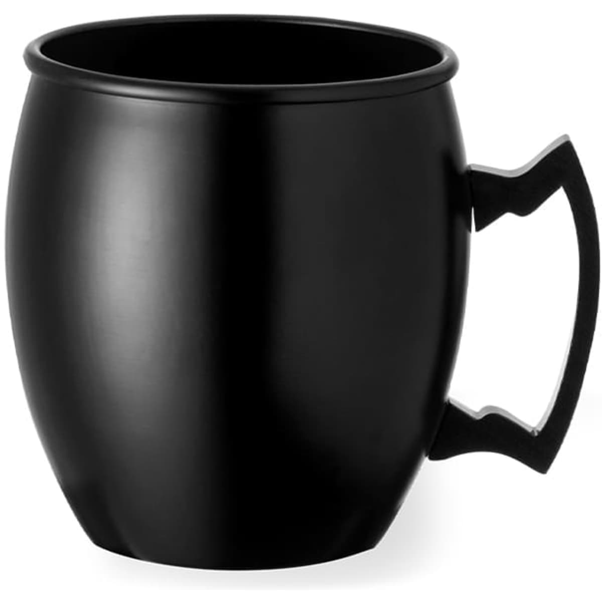 A black coffee mug with a unique curved shape and a handle. It features a logo on one side.
