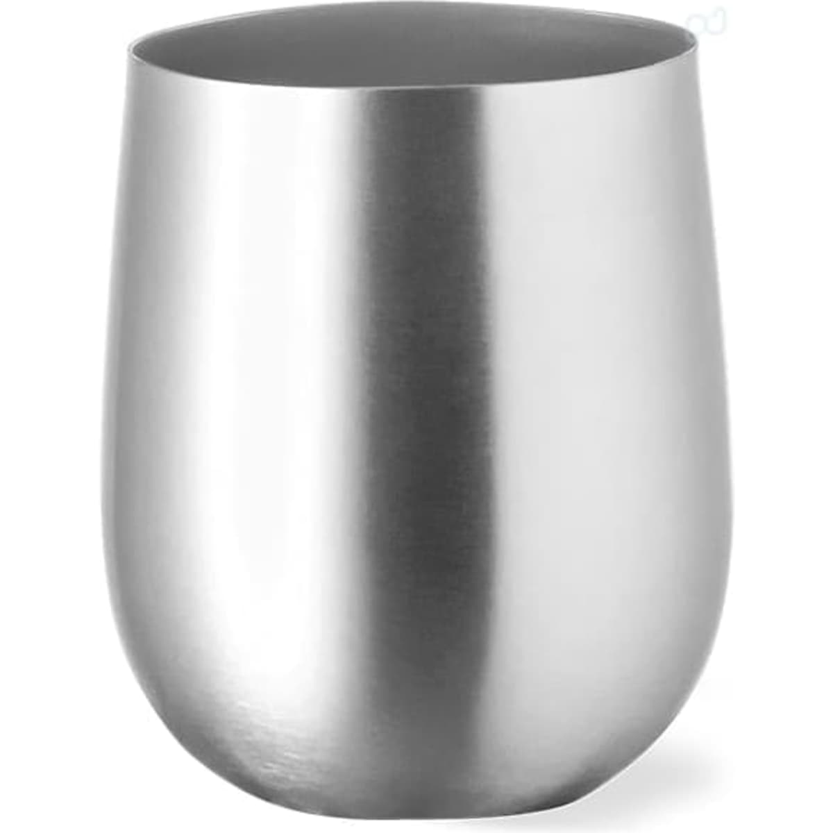 A metallic silver tumbler with a sleek, rounded design, featuring a smooth surface and a branded logo.