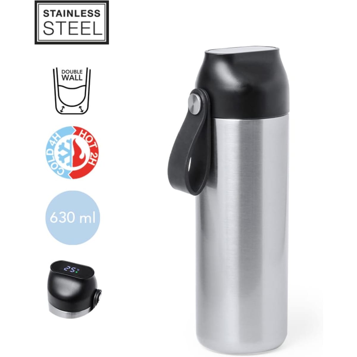 A stainless steel drink bottle with a black lid and handle, featuring a digital temperature display. Holds 630 ml.