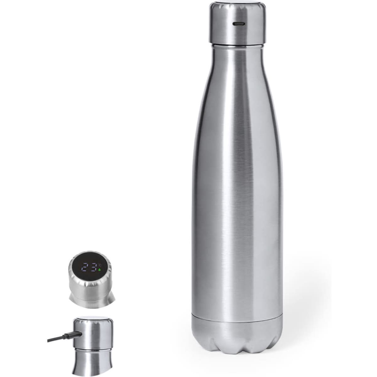 A drink bottle in stainless steel with a sleek design and an integrated temperature display on the lid.