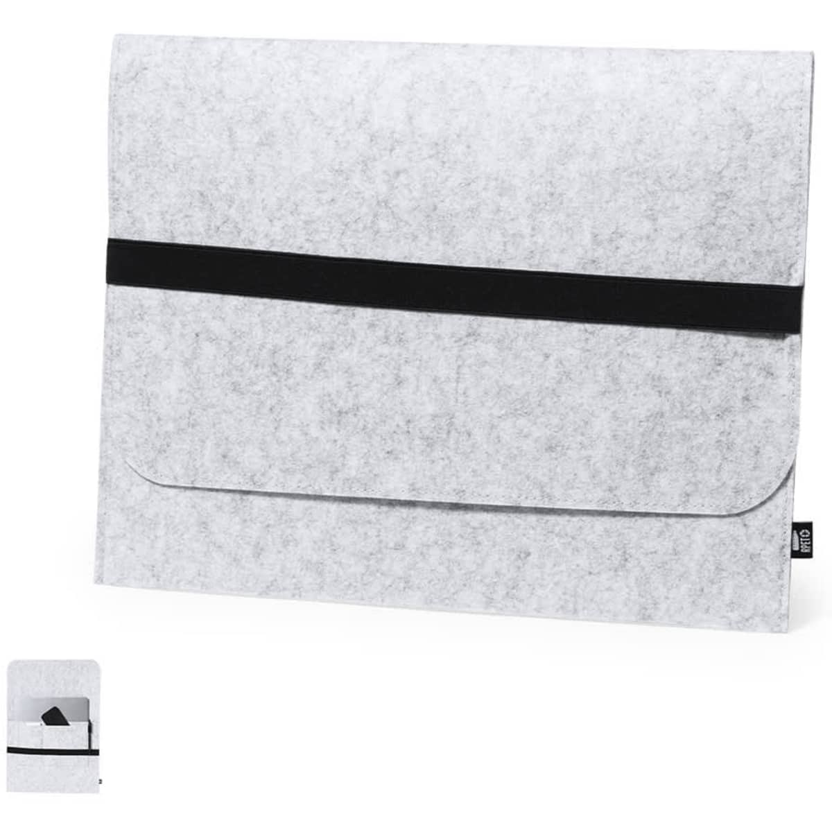 A grey felt laptop pouch featuring a black elastic band and a front pocket, with a logo on the side.