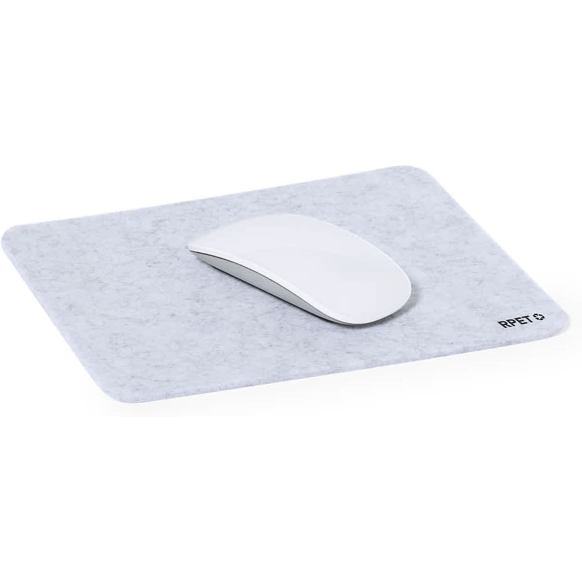 A grey mouse pad with a white mouse positioned on top. The pad features a logo in one corner.