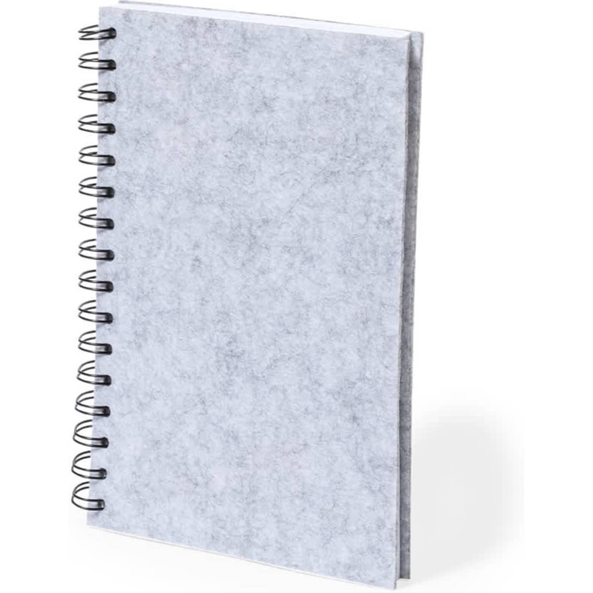 A grey spiral-bound notebook with a textured cover and blank pages. It features a metal spiral binding.