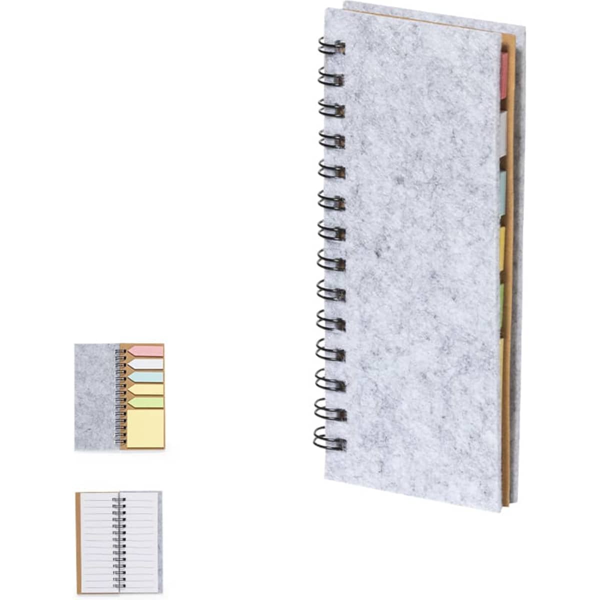 Aurat Notebook features a grey cover with tabbed sticky notes in various colours and a spiral binding.