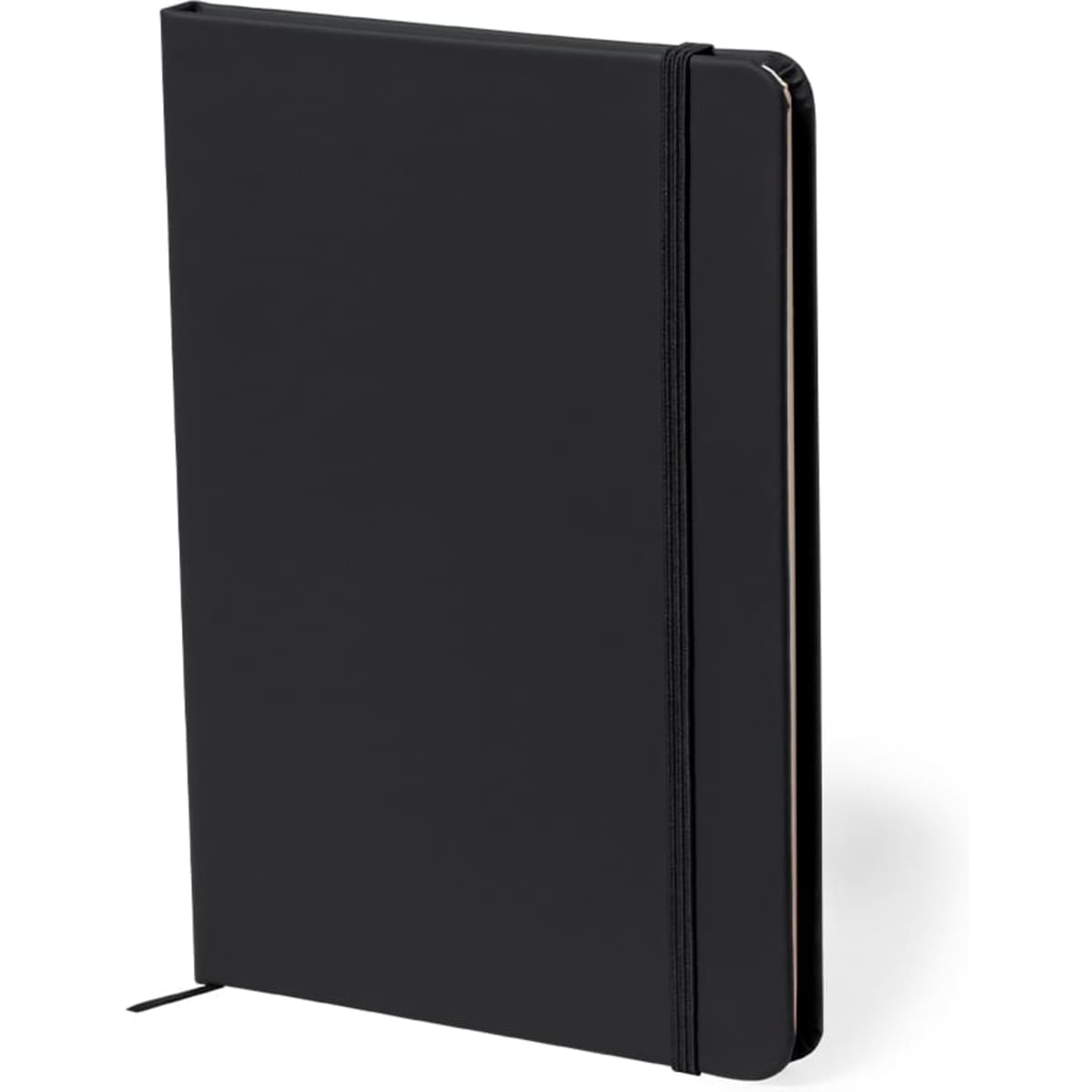 A black notebook with a smooth cover and an elastic band closure, featuring a bookmark ribbon.