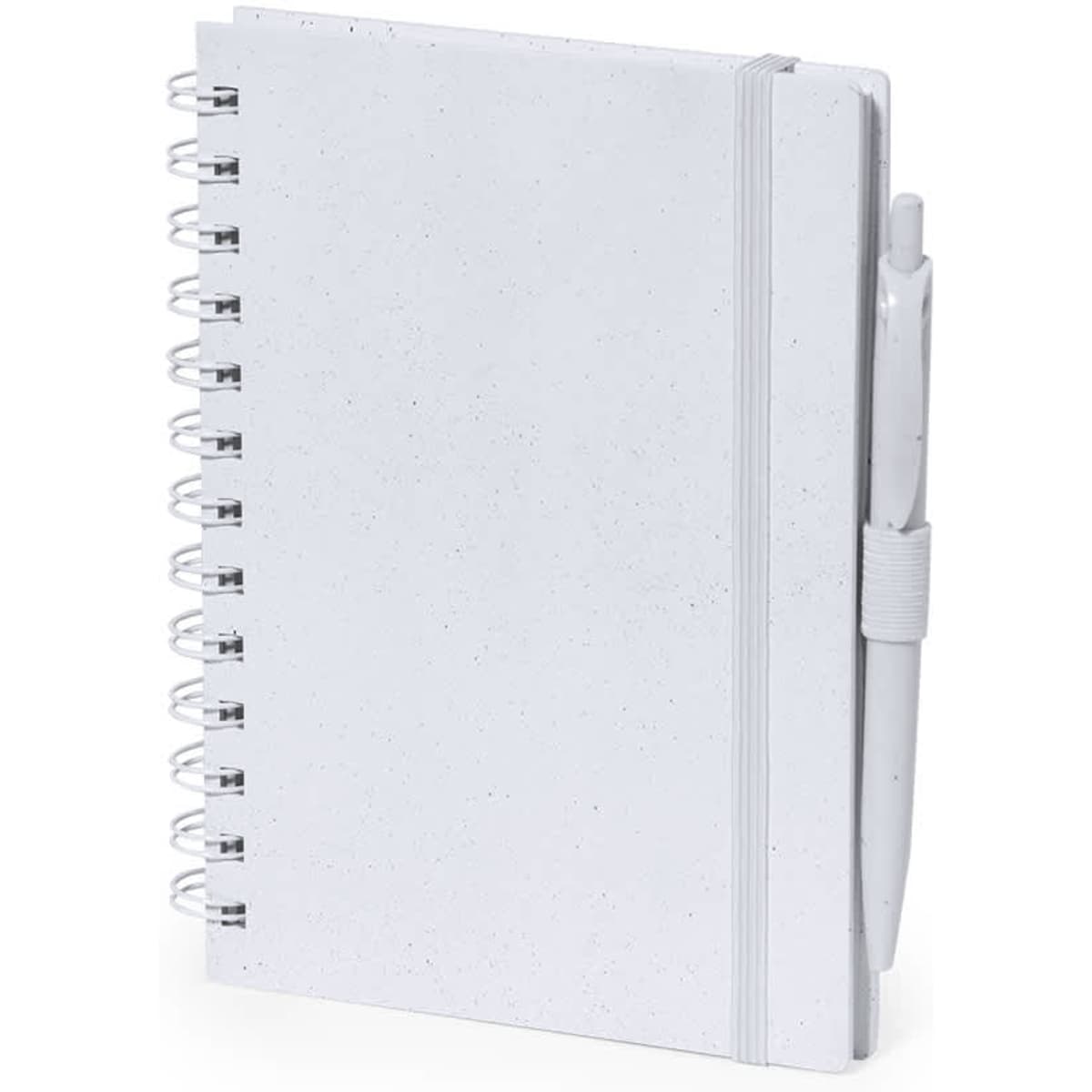 A white notebook with a spiral binding and a pen attached. The notebook has a speckled design.