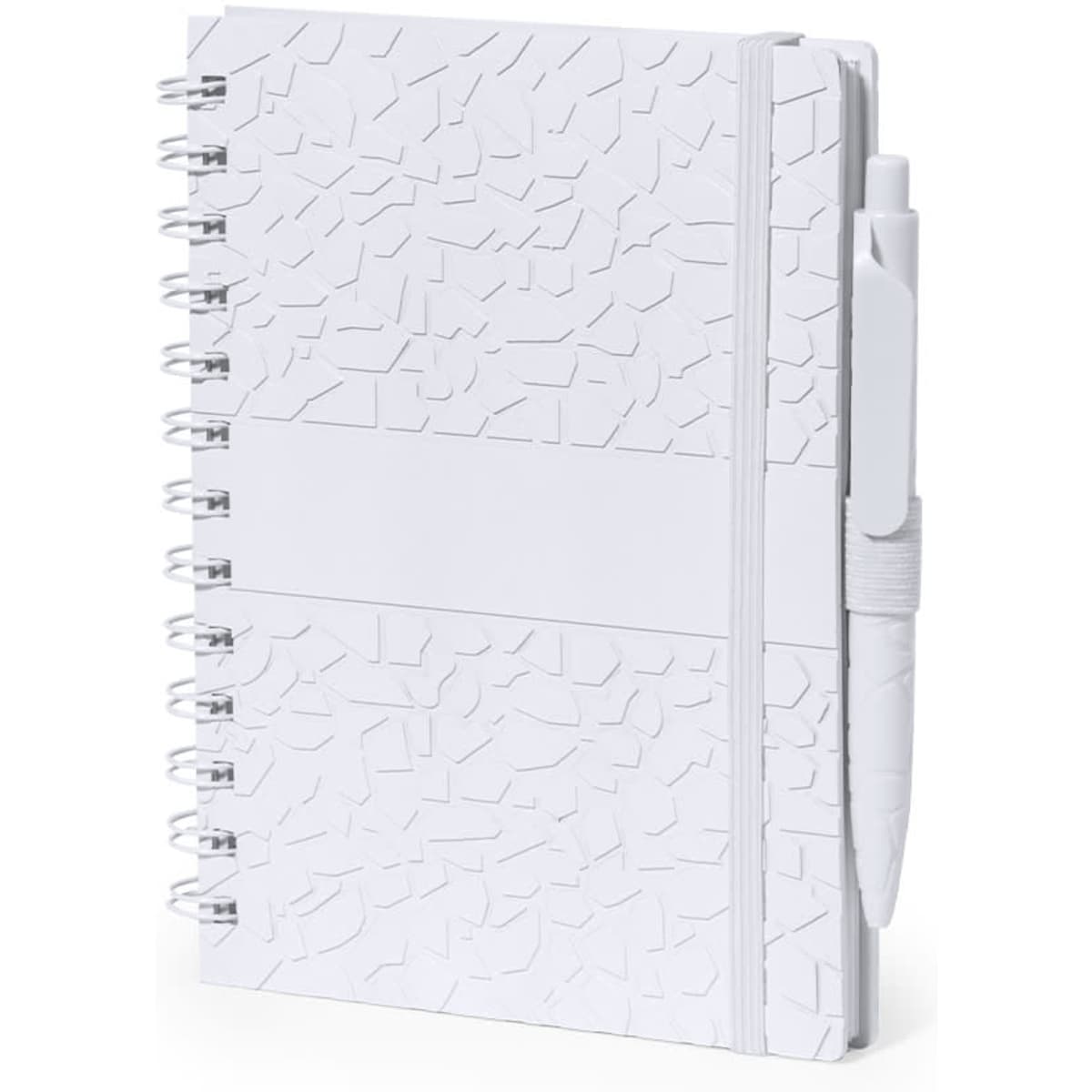A white spiral-bound notebook with a textured cover and a matching pen attached. It features a branding logo.