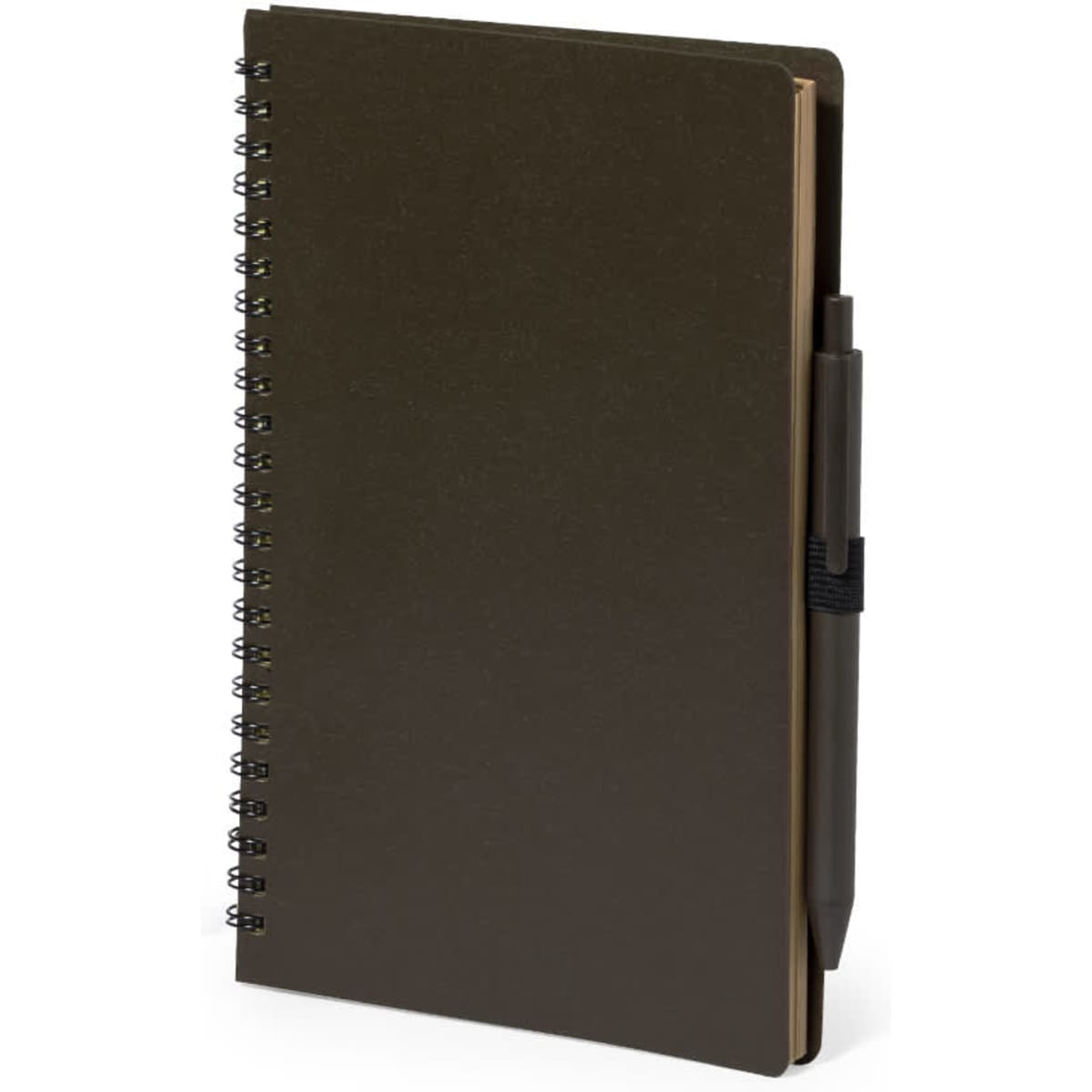 A brown spiral notebook with a pen secured in a black holder. The notebook has a textured cover.