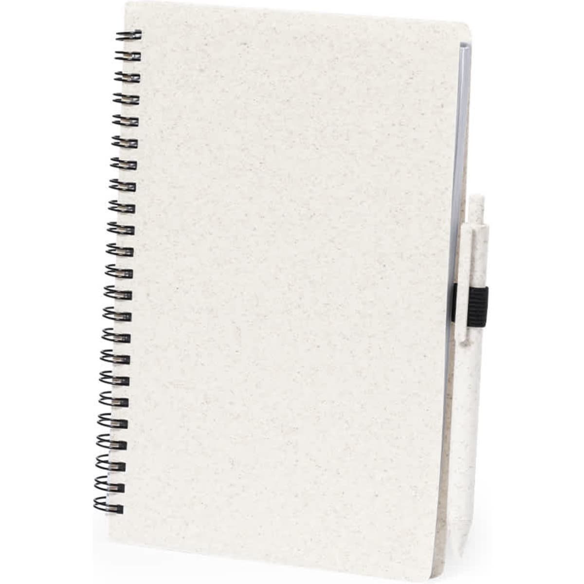 A spiral-bound notebook in cream with a pen attached, featuring a plain cover and a branded logo.
