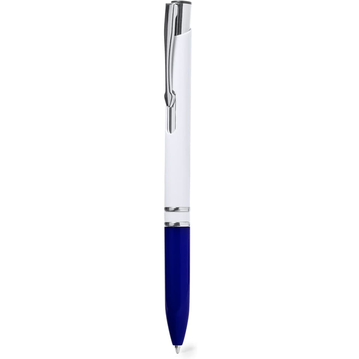 A plastic pen featuring a white body, blue grip, and chrome accents. It includes a branding logo.