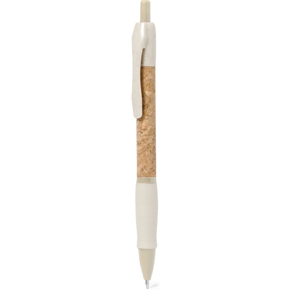 A pen featuring a cork body, white accents, and a grip for comfortable writing. It also has a branding logo.