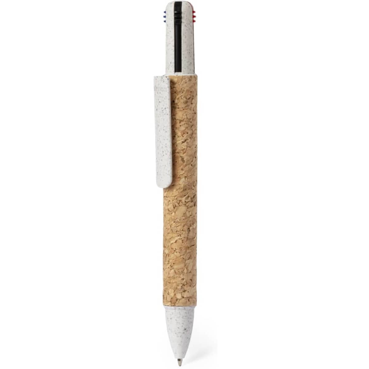A cork and white pen with a silver clip and black accents. The pen has a natural, eco-friendly design.