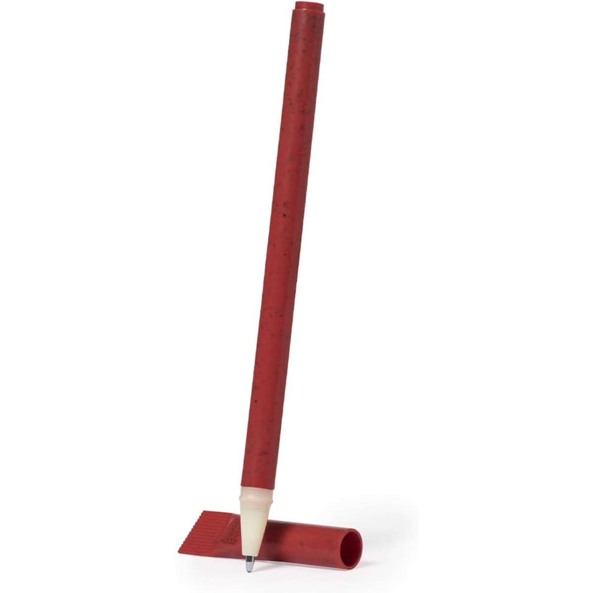 A red plastic pen with a white tip, leaning beside its matching cap. It has a logo on the body.