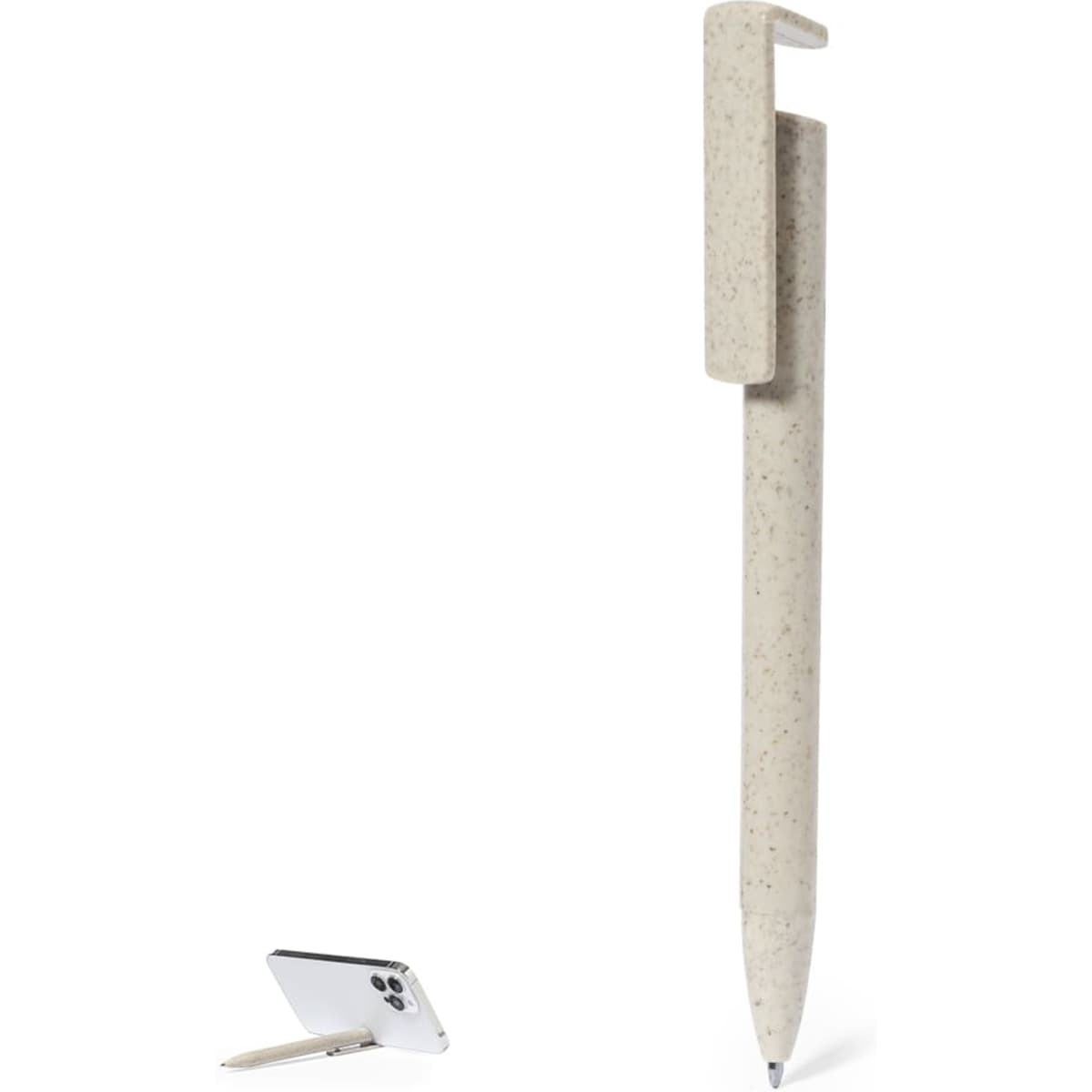 A beige pen with a unique design and a logo, placed next to a smartphone.
