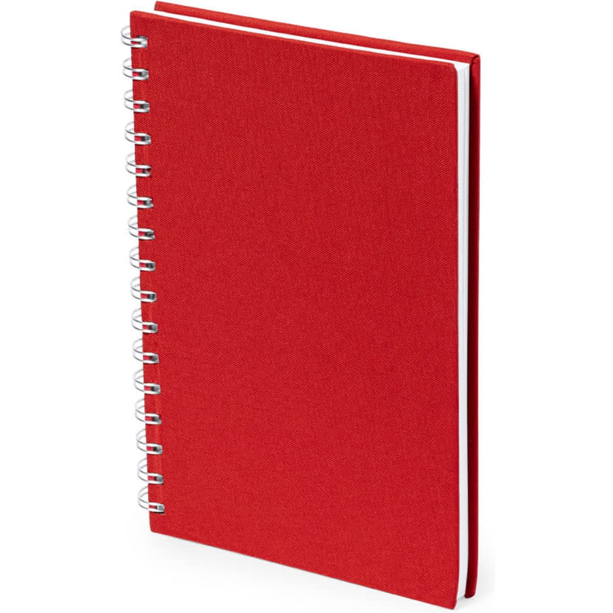 A red spiral-bound notebook with a textured cover and white inner pages. It has a logo on the front.