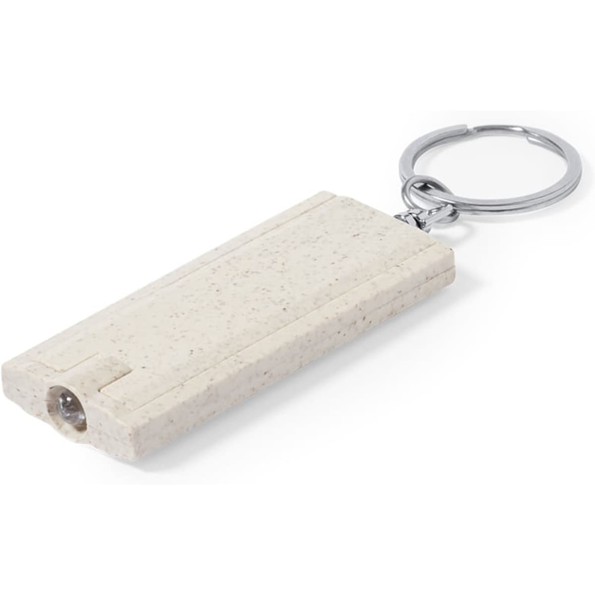 A keyring torch in a light beige colour with a metal keychain attachment and a subtle texture.