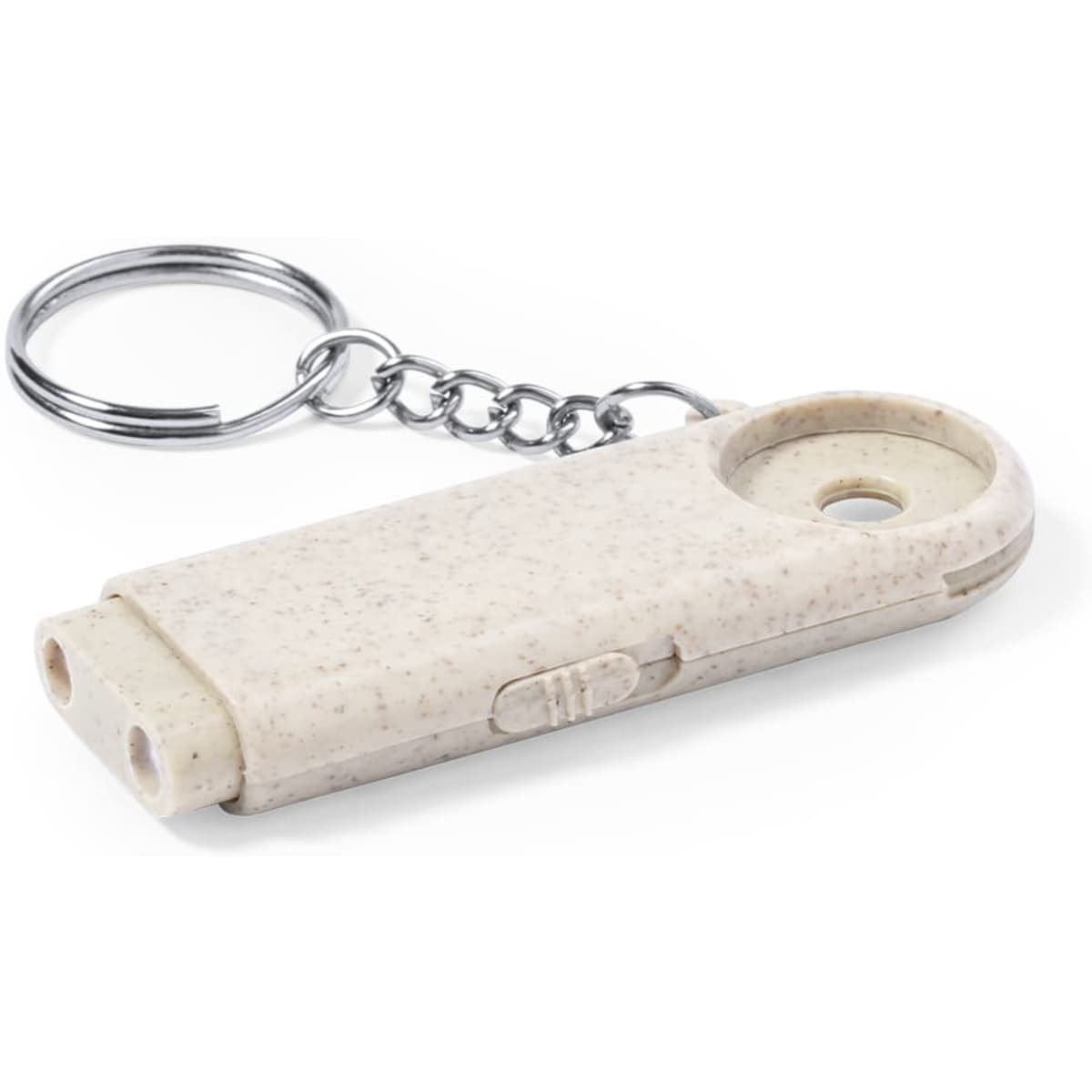 A beige keyring with a circular attachment point and a sliding mechanism, featuring a small chain.