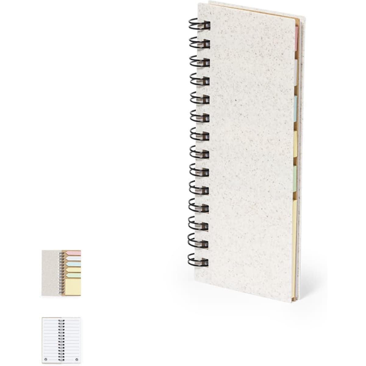 A spiral-bound notebook featuring a speckled cover and multiple tabs in various pastel colours.