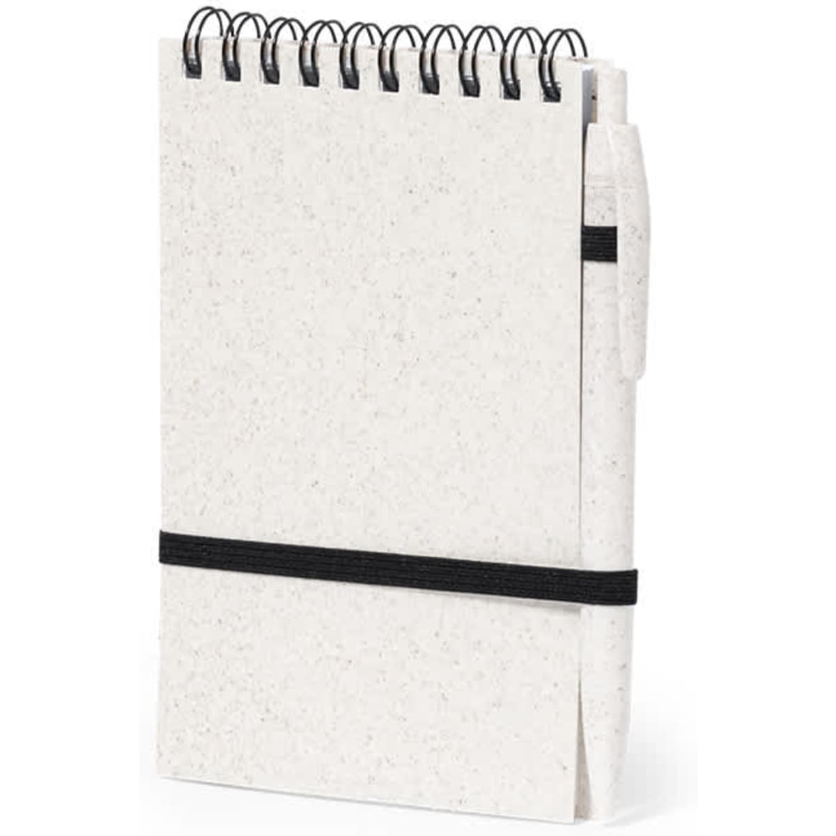 A spiral-bound notebook with a white cover, secured with a black elastic band, and includes a black pen.