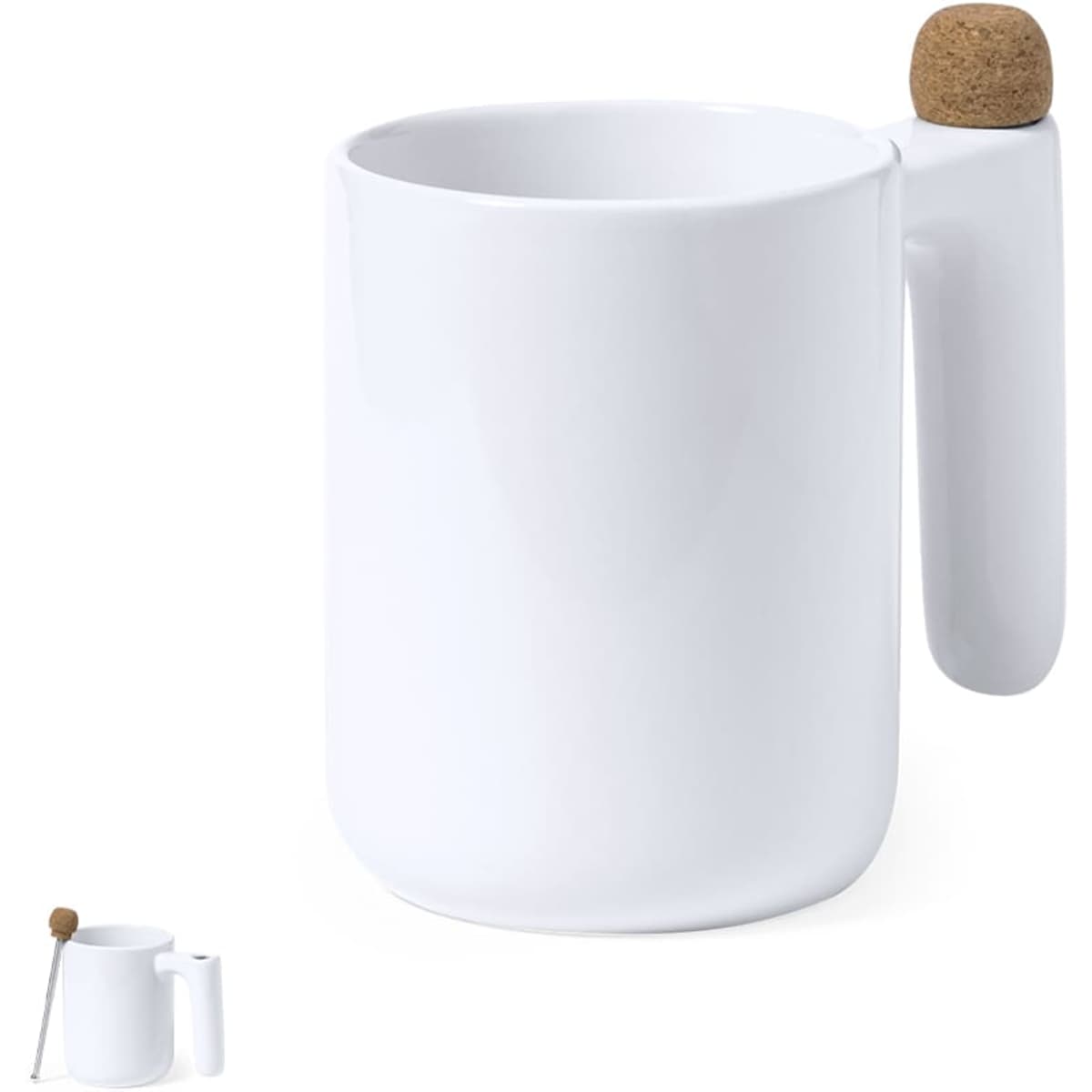 A white coffee mug with a unique handle design and a cork accent. It features a sleek, modern look.