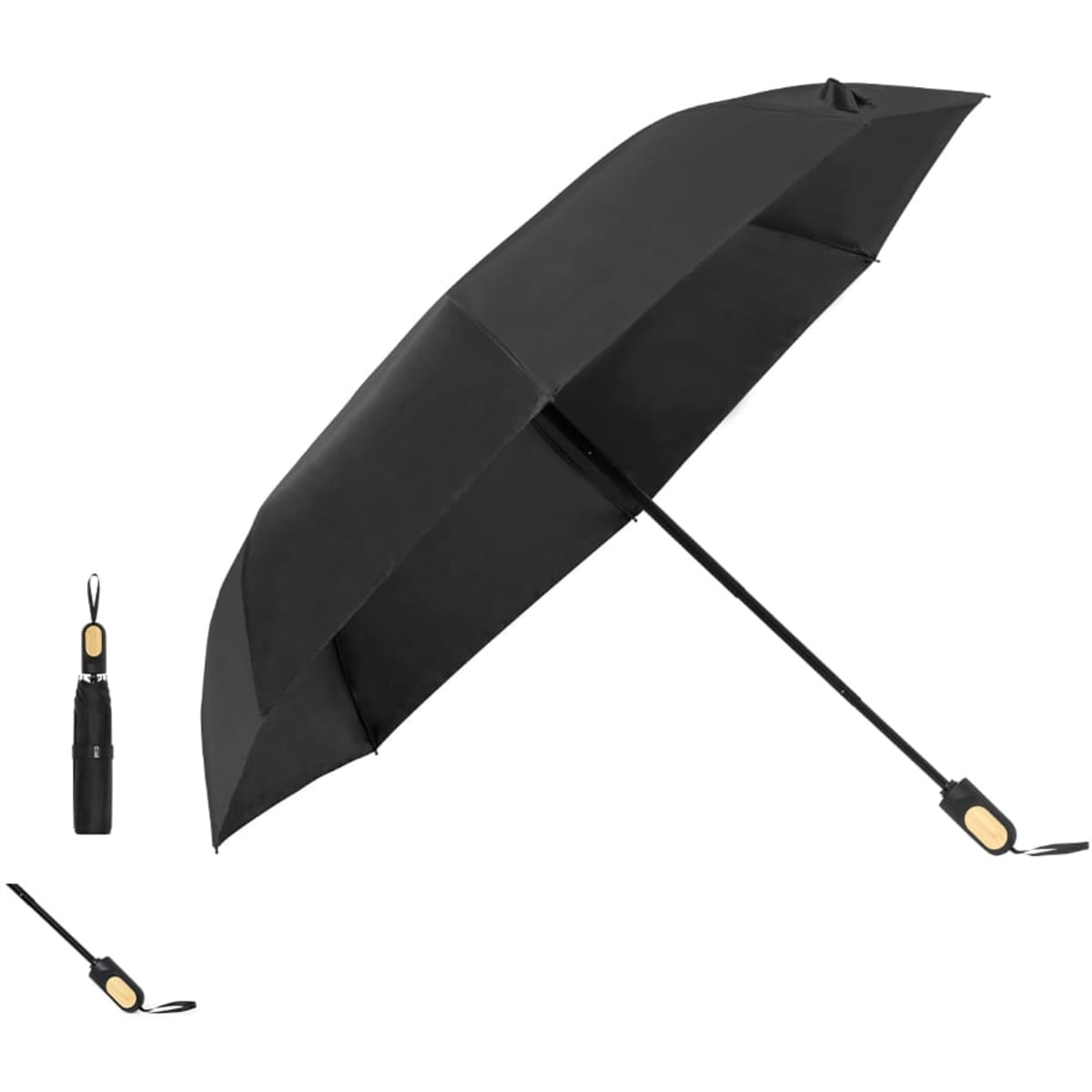 A black umbrella displayed open and folded, featuring a handle with a logo. Ideal for leisure and outdoor use.