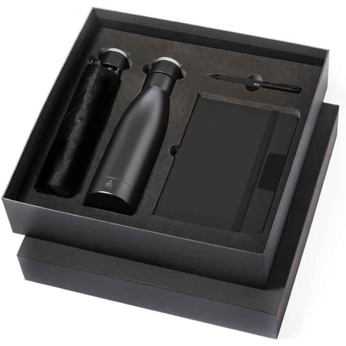 A black gift set featuring two drink bottles, a notebook, and a pen, all presented in a sleek black box.