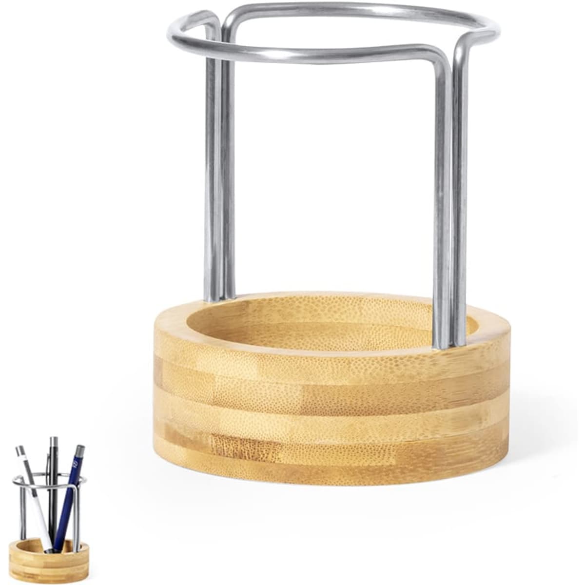 A bamboo pen holder with a metal frame, featuring a circular base for storing pens and office supplies.
