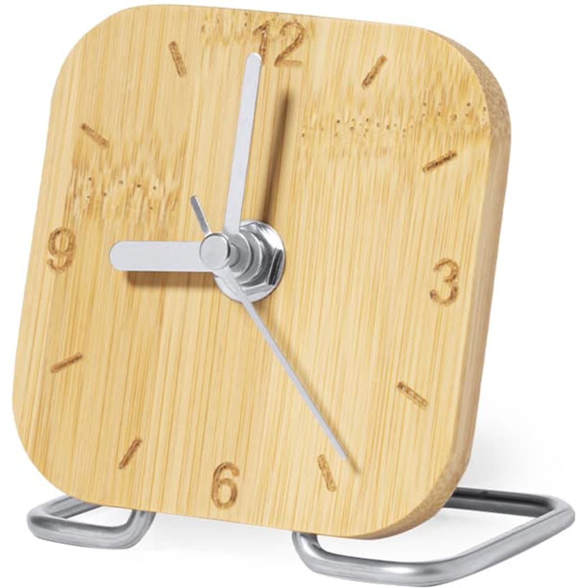 A square bamboo clock with silver hands and a metal stand, displaying numbers 1 to 12. It has a simple, natural design.