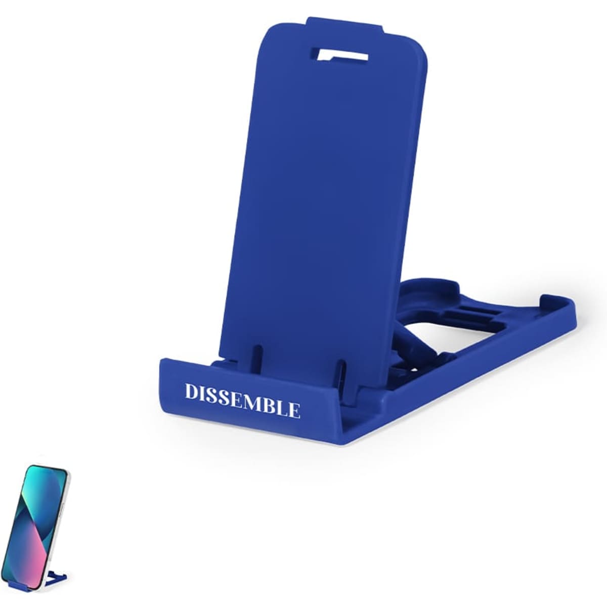 A blue phone stand featuring a logo, designed to hold smartphones in an upright position.