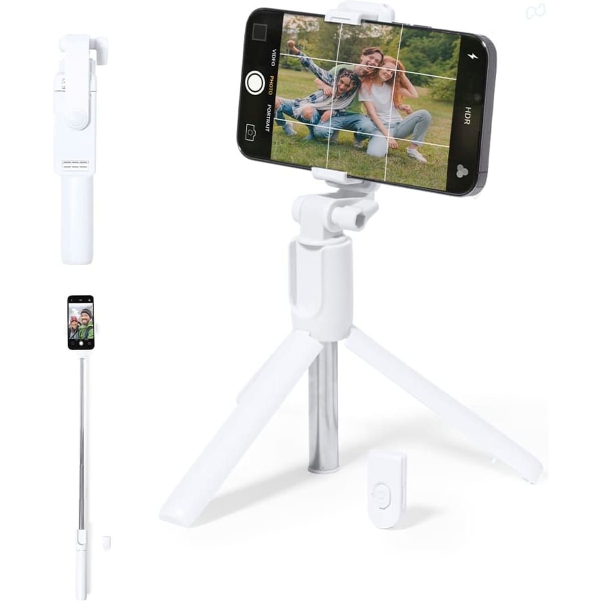 A white smartphone tripod with a remote shutter, featuring a phone holder and adjustable legs for stability.