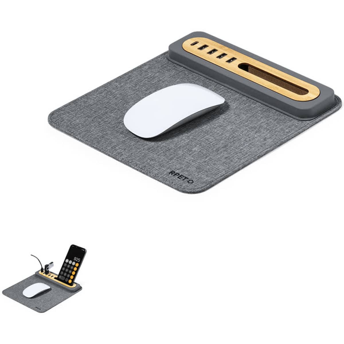 A grey mouse pad featuring a wooden sections for storage and a white mouse. It includes a logo.