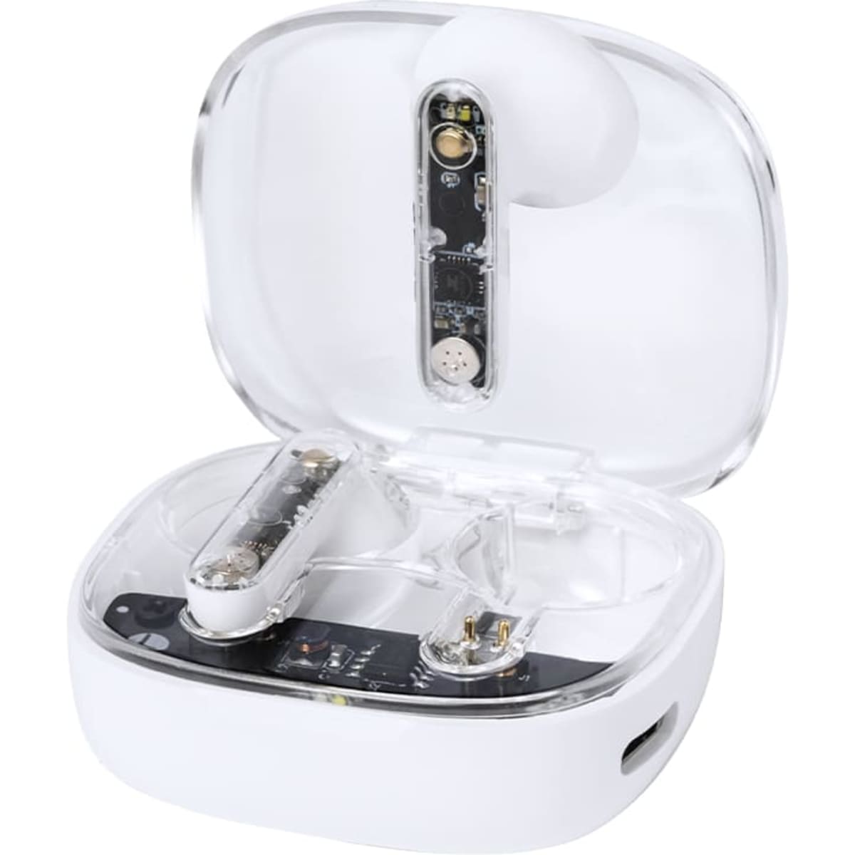 A pair of white earbuds in a transparent charging case, featuring visible electronic components inside.