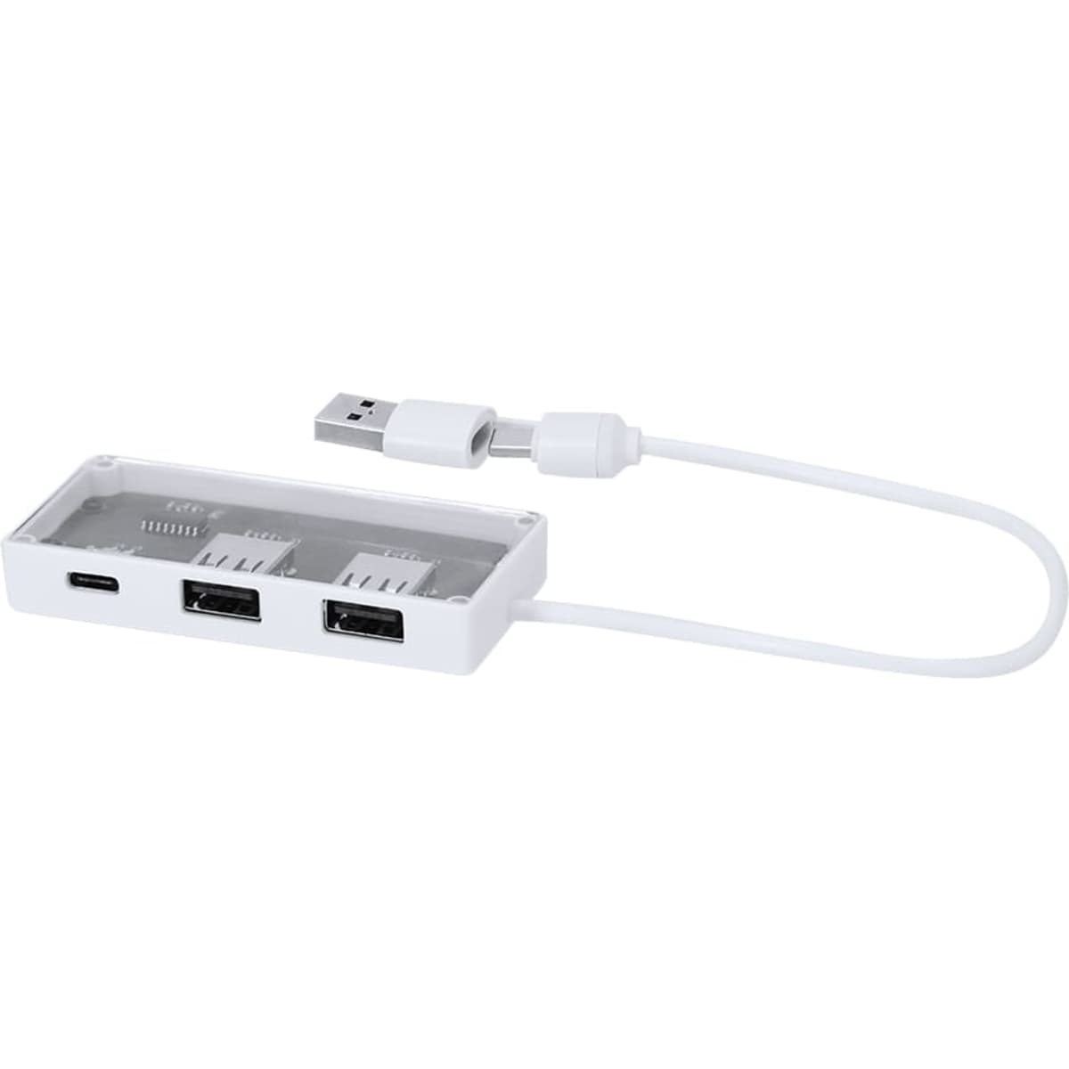 A white USB hub featuring three USB ports and a USB-C connector, with a connected cable.