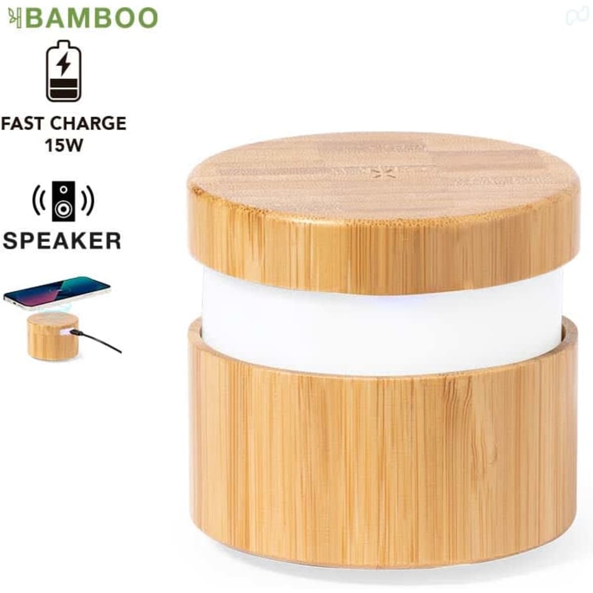 A bamboo multifunction lamp with a white LED light and a wireless charging base, featuring a built-in speaker.