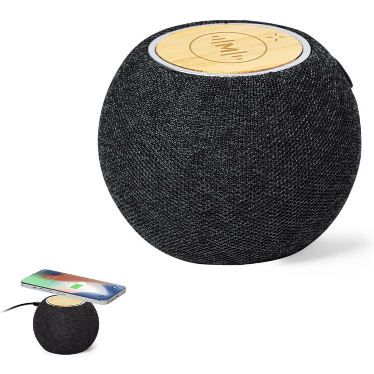 A round black Bluetooth speaker with a wooden top and a smartphone placed on it. The speaker has a branding logo.