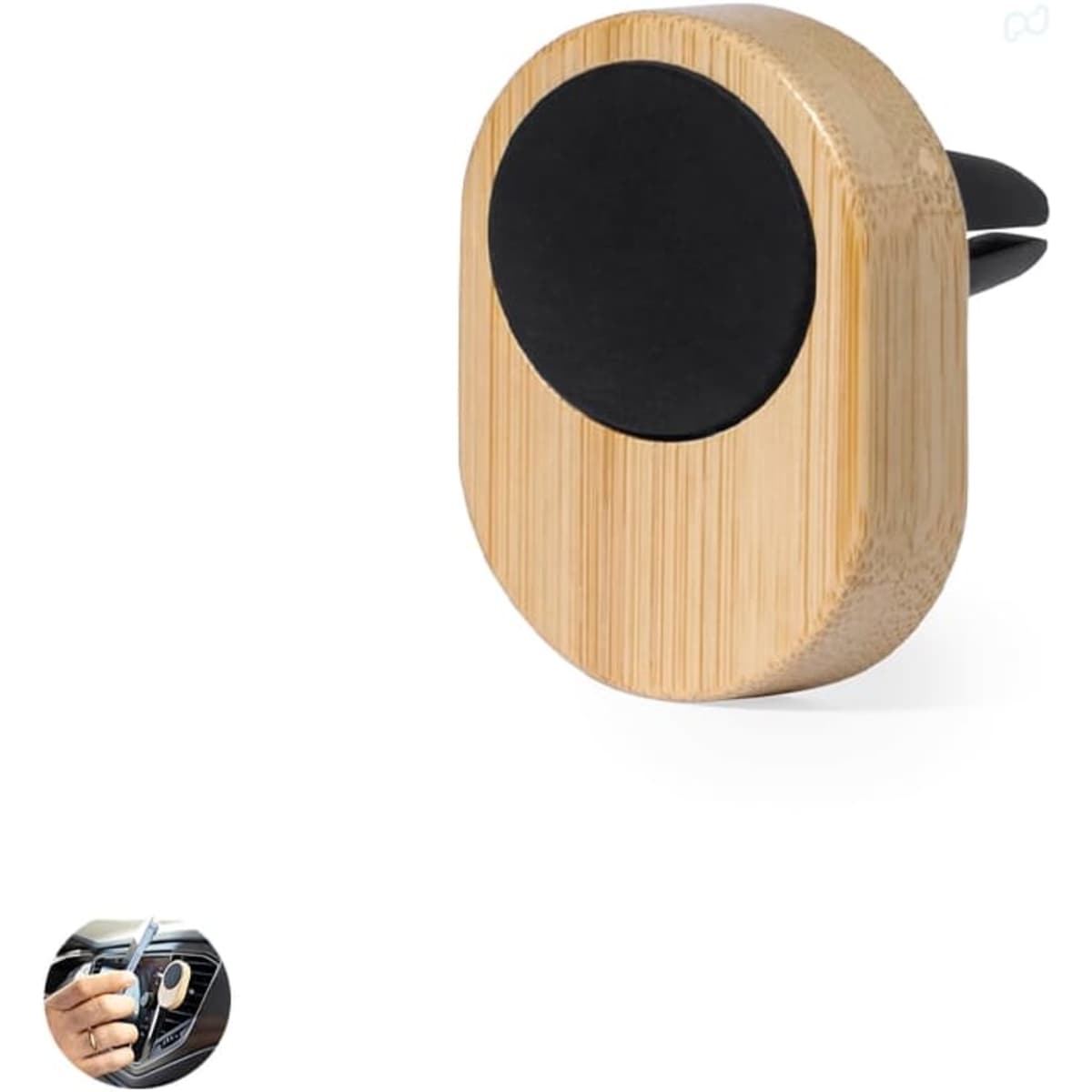 A car phone holder with a bamboo finish and a black circular grip, designed for mounting smartphones.
