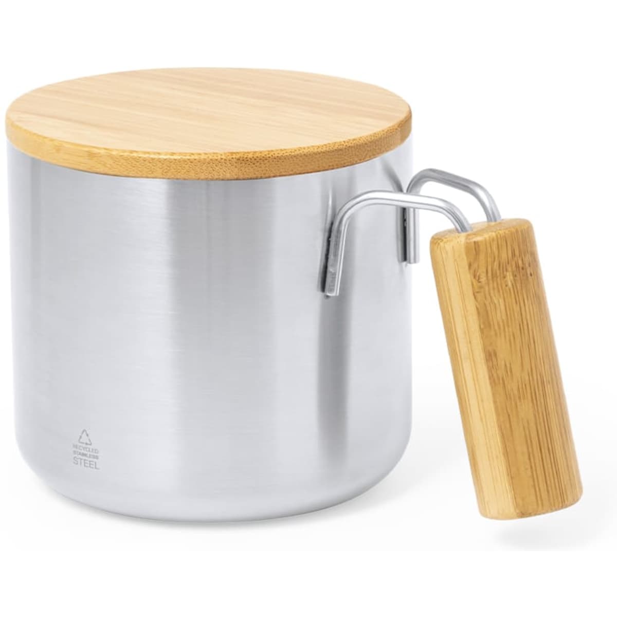 A drink mug with a stainless steel body, bamboo lid, and a wooden handle. It includes a branding logo.
