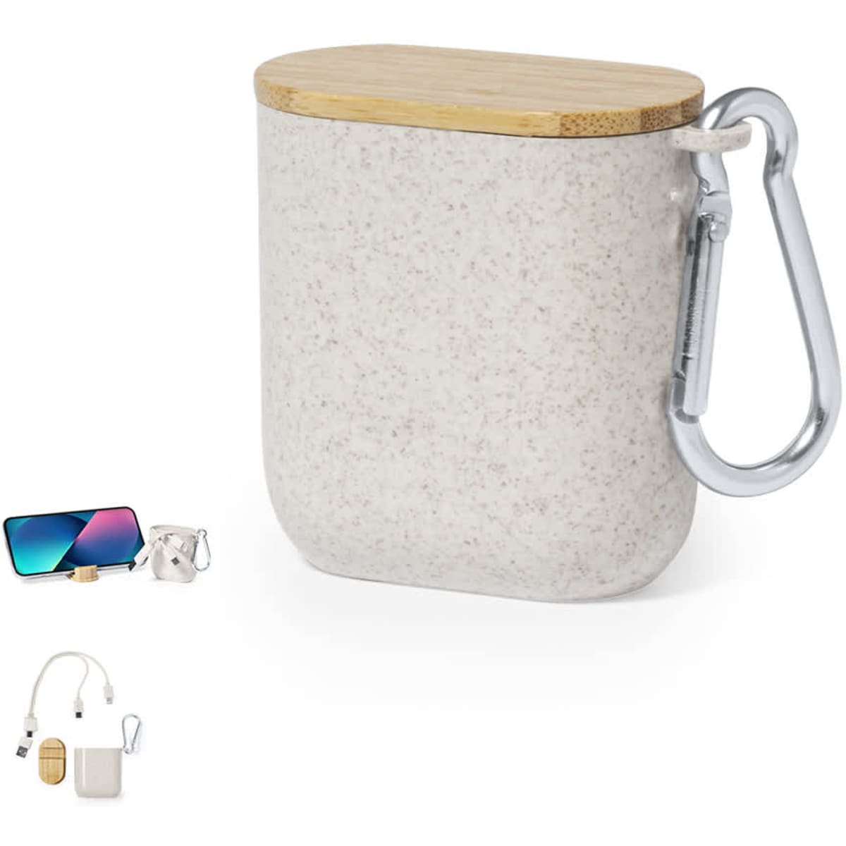 A charging cable organiser with a light grey container and a bamboo lid, featuring a silver carabiner.